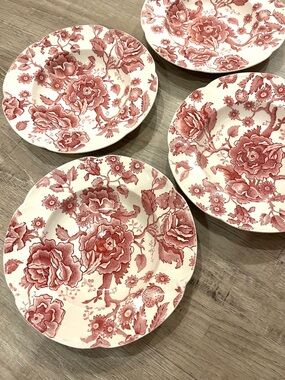 Vintage Johnson Brothers English Chippendale Red Floral Shallow Soup Bowls set 4